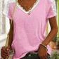 Жените случайни v-врата дантела шевове плътен цвят къси ръкави топ тениска