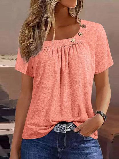 Жените случайни кръг врата плътен цвят елемент бутон къс ръкав топ тениска