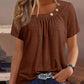 Жените случайни кръг врата плътен цвят елемент бутон къс ръкав топ тениска