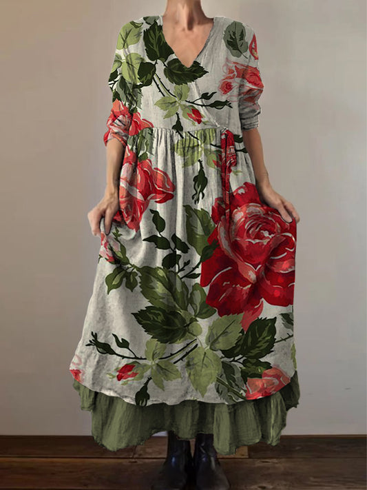 Ретро бохо цветен печат реколта v-neck двойна линия памук с дълги ръкави midi рокля