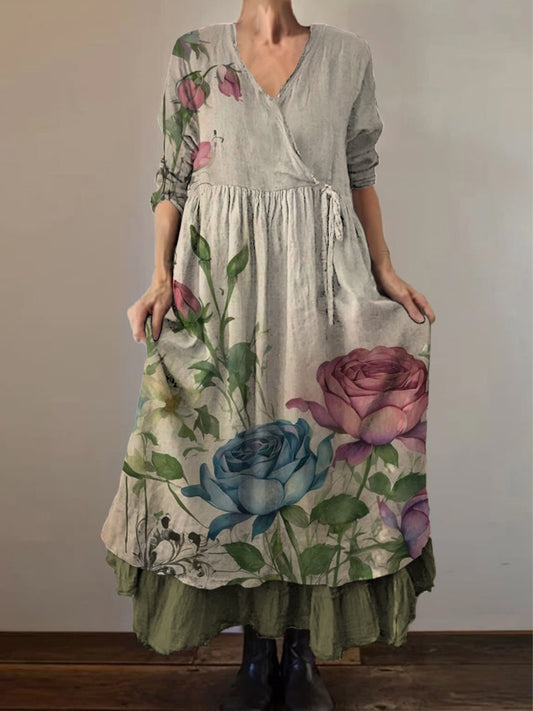 Ретро бохо цветен етнически печат реколта v-neck двойна линия памук с дълги ръкави midi рокля