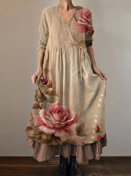 Ретро бохо цветен етнически печат реколта v-neck двойна линия памук с дълги ръкави midi рокля
