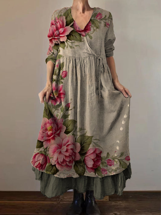 Ретро бохо цветен печат реколта v-neck двойна линия памук с дълги ръкави midi рокля