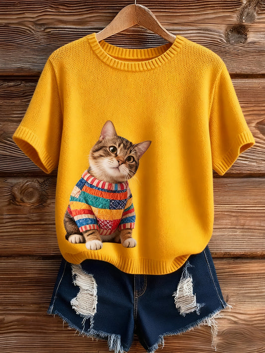 Жените реколта изкуство животински печат уютен плетен къс ръкав пуловер