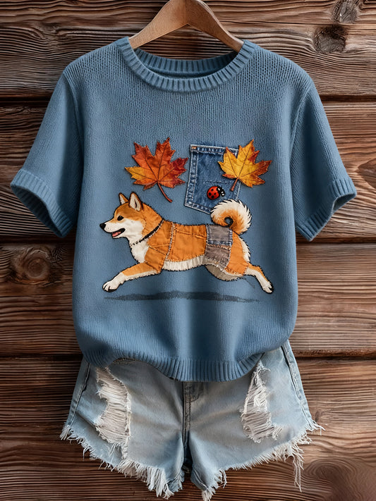 Жените реколта изкуство животински печат уютен плетен къс ръкав пуловер