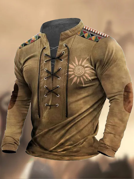 Ретро западна магистрала текстура модел печатни село v-neck хенри стил с дълги ръкави риза
