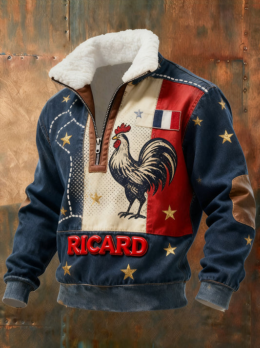 Мъжки реколта френски флаг ricard случайни цип-нагоре козина яка суитчър