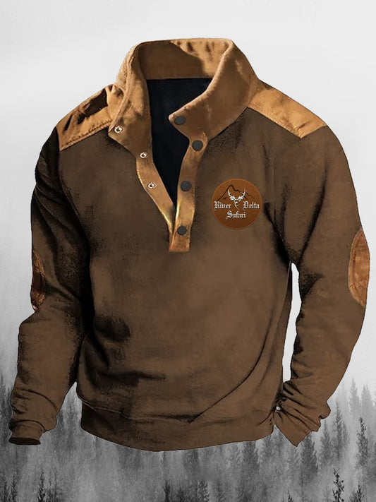 Western elk знак печатни ревера стойка яка ревера бутон случайни хлабав суитчър