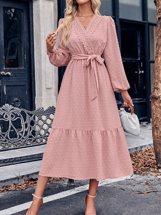 Жените ретро плътен цвят v-neck дантела талия midi рокля