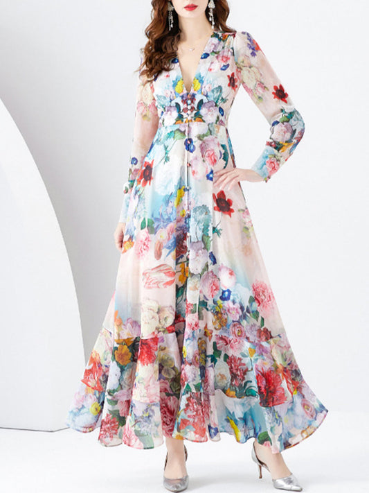 Елегантен цвете печатни v-врата шик шифон с дълги ръкави пълна hemline maxi рокля