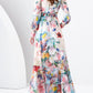Елегантен цвете печатни v-врата шик шифон с дълги ръкави пълна hemline maxi рокля
