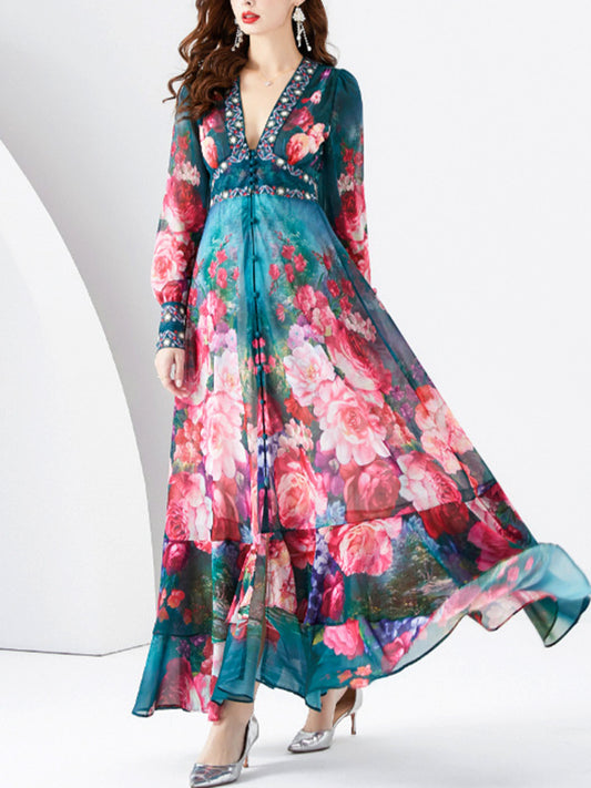 Елегантен цвете печатни v-врата шик шифон с дълги ръкави пълна hemline maxi рокля