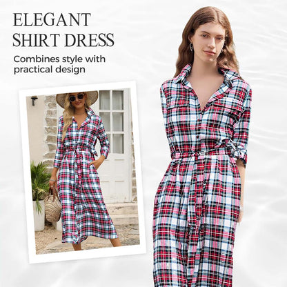 🧵 Дамска карирана риза с колан – класическа рокля с копчета и дълги ръкави