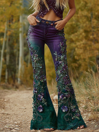 Жените реколта цветни изкуство деним разпалени панталони