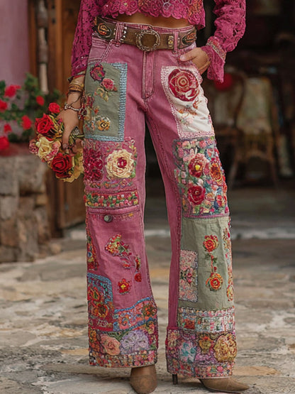 Жените реколта цветни изкуство деним разпалени панталони