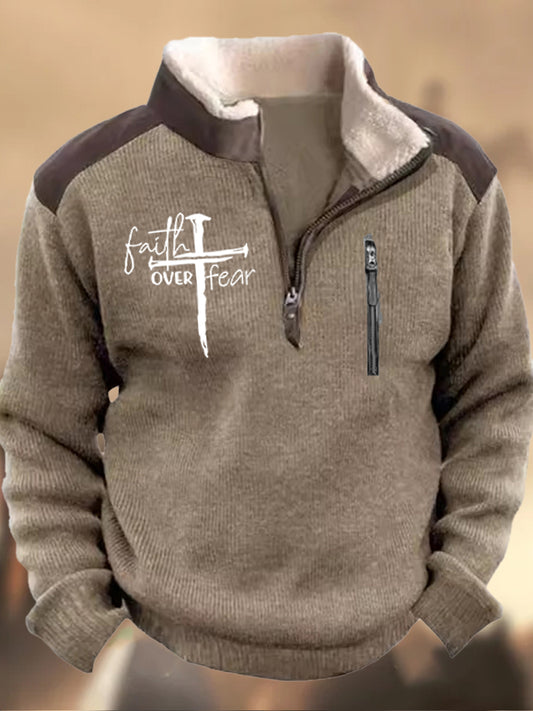 Мъжки ретро вяра печат henley стойка яка случайни цип спортен суитчър