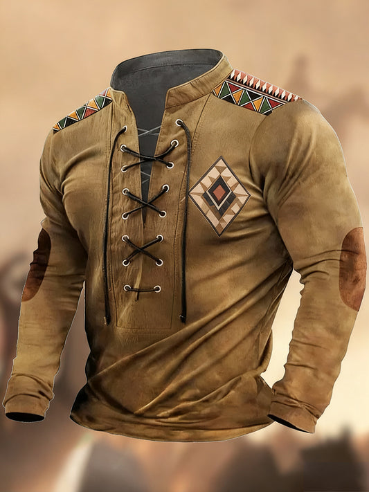 Реколта западна изкуство печат страна стил v-врата henley с дълги ръкави риза