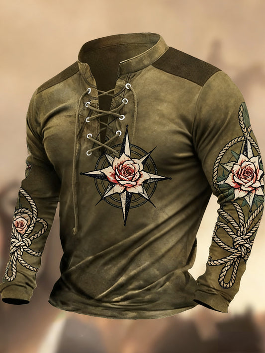 Реколта западна изкуство печат страна стил v-врата henley с дълги ръкави риза