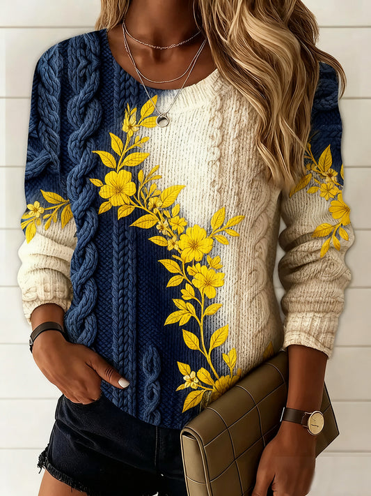 Жените реколта цветен изкуство печат случайни комфорт пуловер