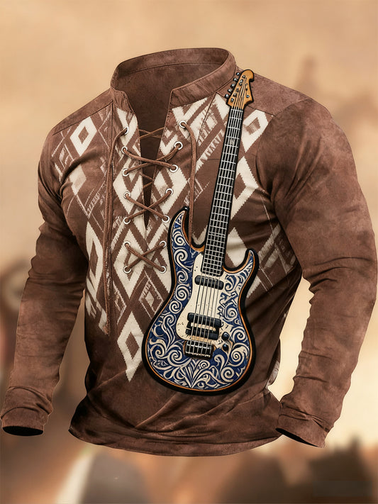 Реколта западна изкуство печат страна стил v-врата henley с дълги ръкави риза