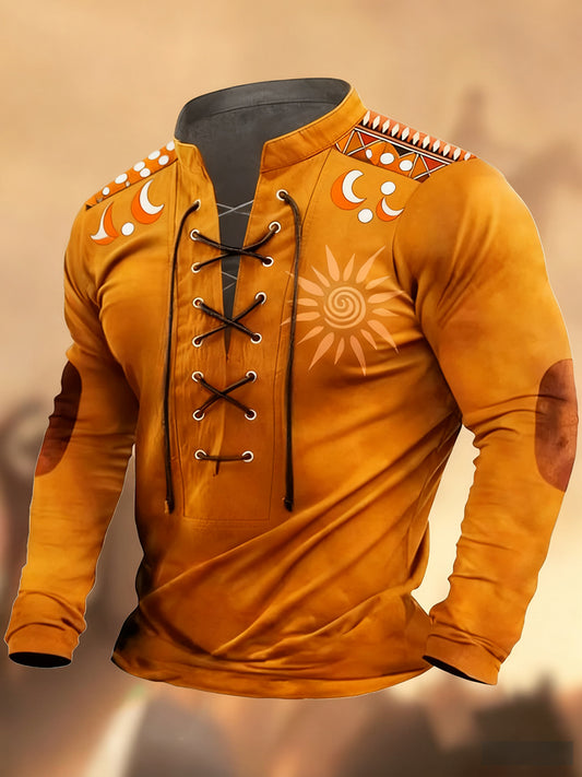 Реколта западна изкуство печат страна стил v-врата henley с дълги ръкави риза