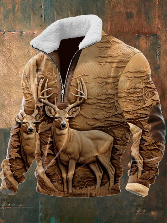 Мъжки ретро западна изкуство печат случайни цип козина яка суитчър