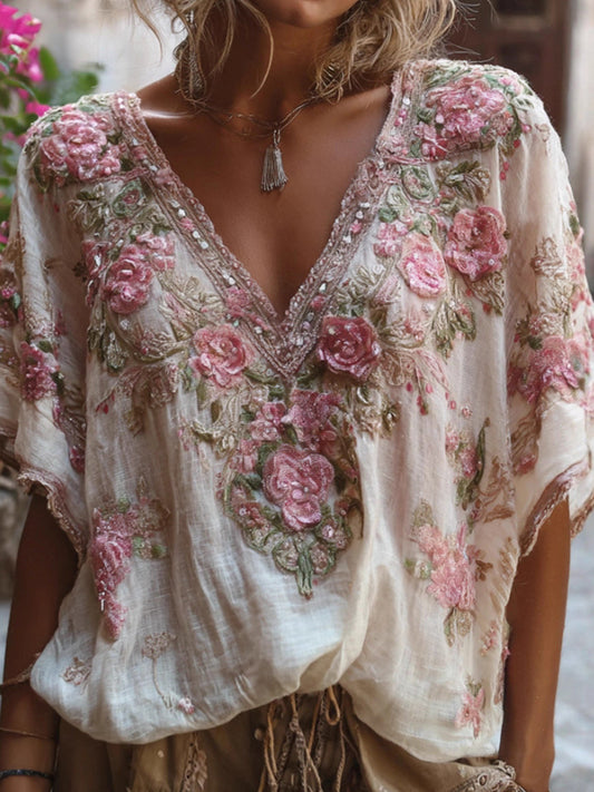 Жените ретро бохемски цветя топ