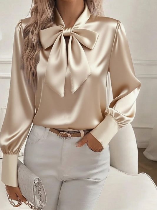 Жените ретро дълги ръкави лък-вратовръзка сатен блуза