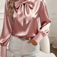 Жените ретро дълги ръкави лък-вратовръзка сатен блуза