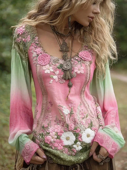 Жените ретро бохемски цветя топ