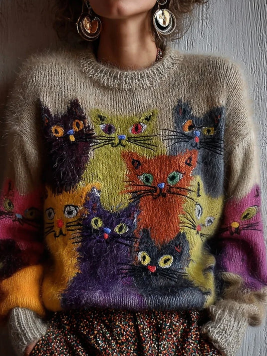 Дамски ретро животно изкуство печат удобен случайни пуловер