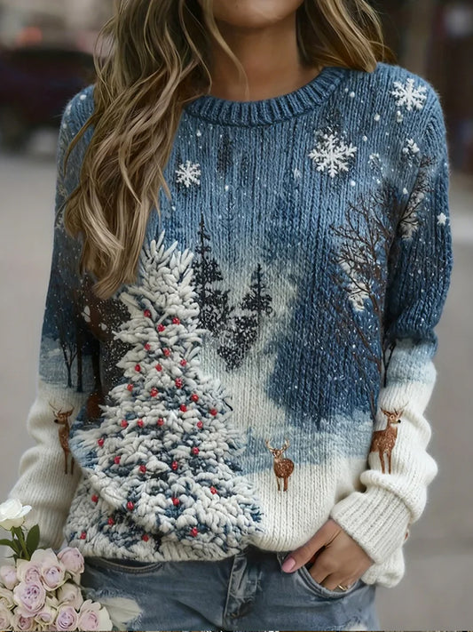 Дамски ретро коледа изкуство печат удобни случайни пуловер