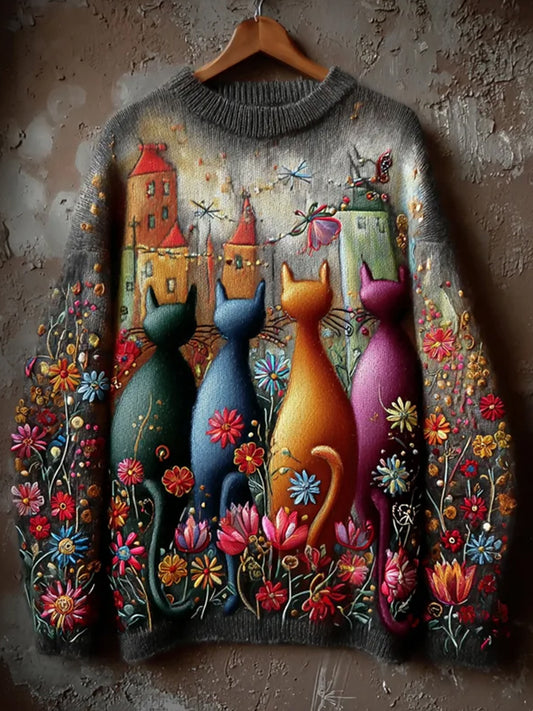 Дамски ретро изкуство животински печат удобен плетен пуловер