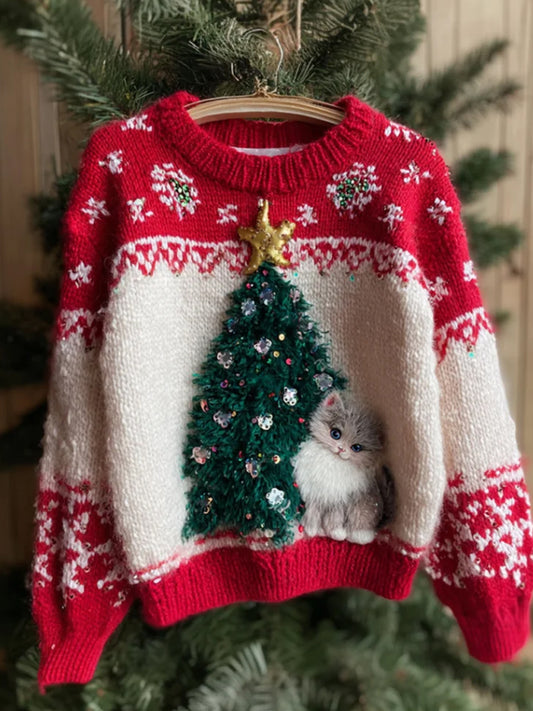 Дамски ретро изкуство животински печат удобен плетен пуловер