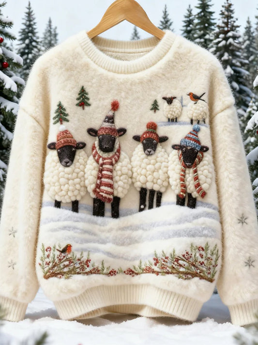 Дамски ретро коледно животно изкуство печат удобен фланел суитчър