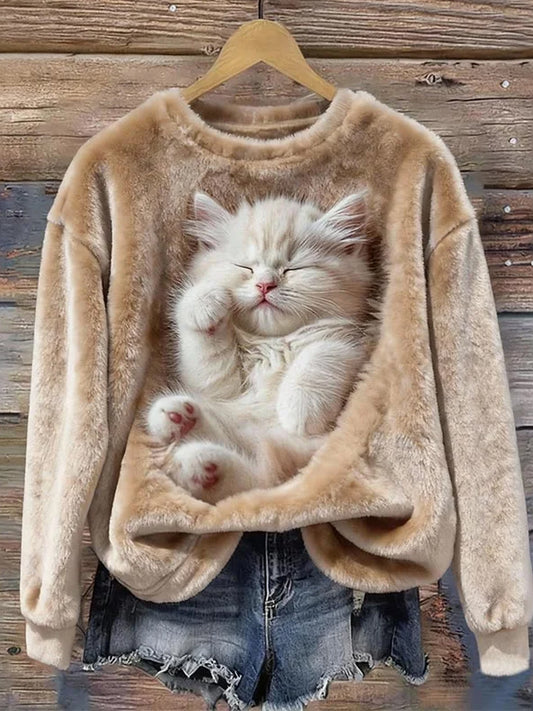 Дамски ретро животно изкуство печат удобен фланел суитчър