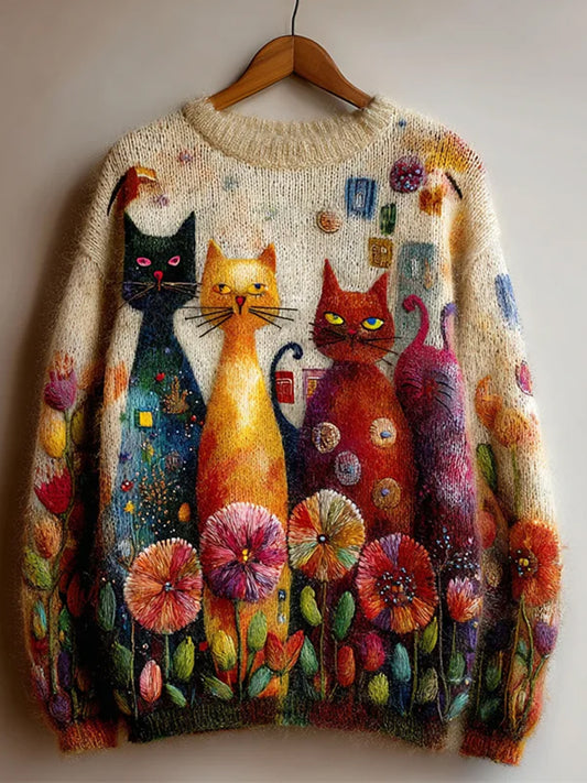 Дамски ретро изкуство животински печат удобен плетен пуловер