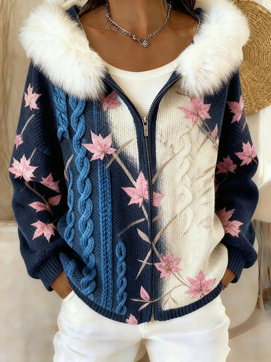 Дамски ретро флорално изкуство удобен плюшен качулка жар