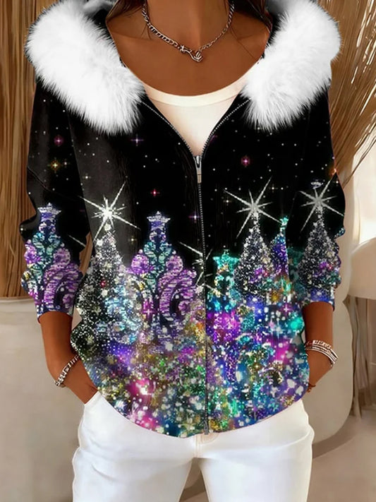 Дамски ретро коледно изкуство удобен плюшен качулка жар