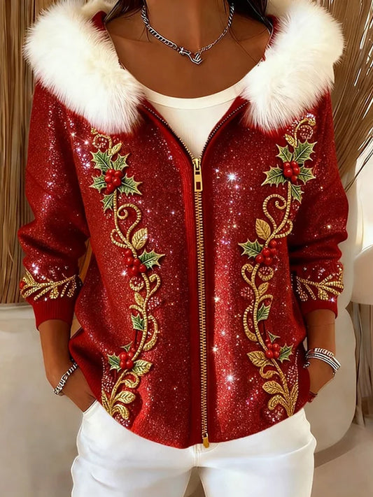 Дамски ретро коледно изкуство удобен плюшен качулка жар