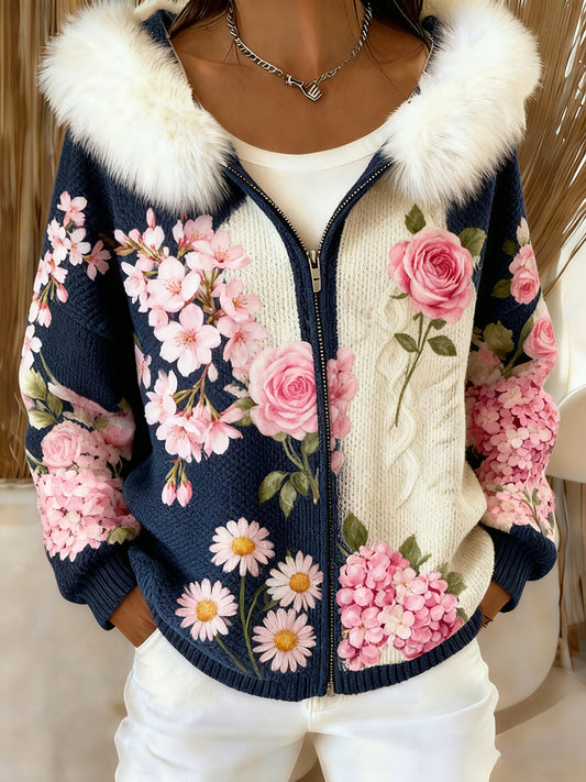 Дамски ретро флорално изкуство удобен плюшен качулка жар