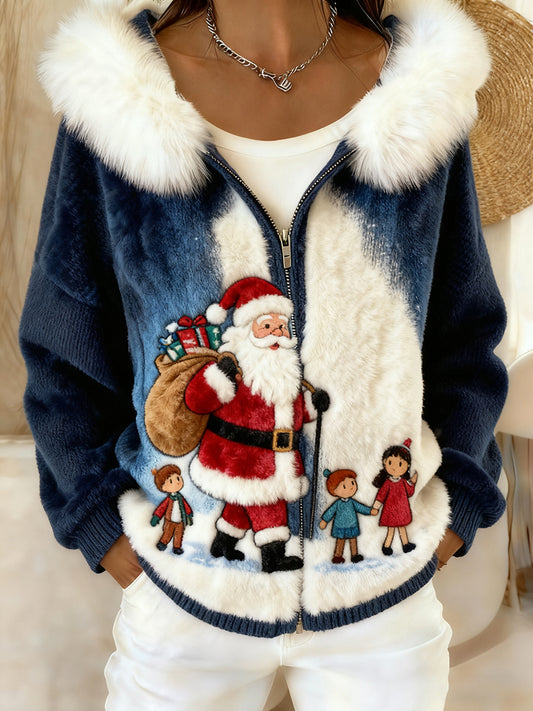 Дамски ретро коледно изкуство удобен плюшен качулка жар