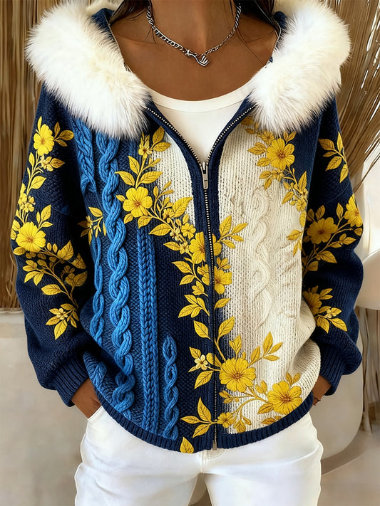 Дамски ретро флорално изкуство удобен плюшен качулка жар