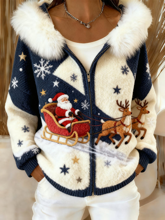 Дамски ретро коледно изкуство удобен плюшен качулка жар