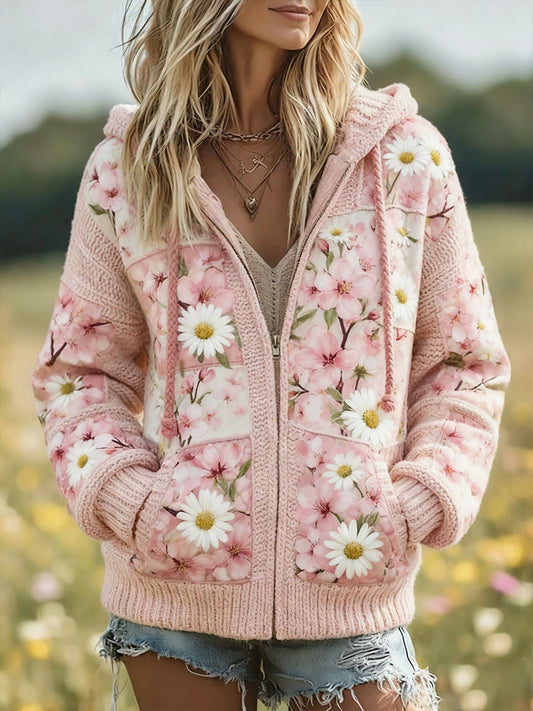 Жените ретро флорални изкуство печат случайни удобен пуловер цип яке