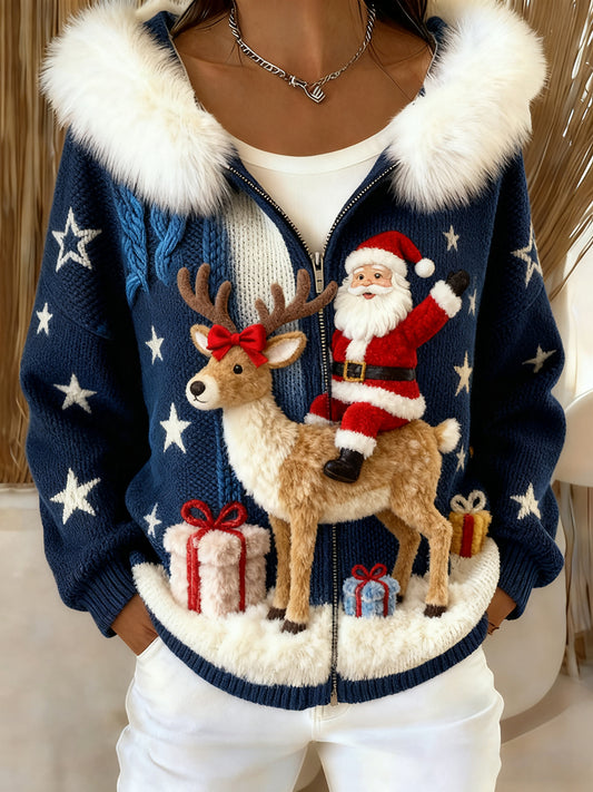 Дамски ретро коледно изкуство удобен плюшен качулка жар